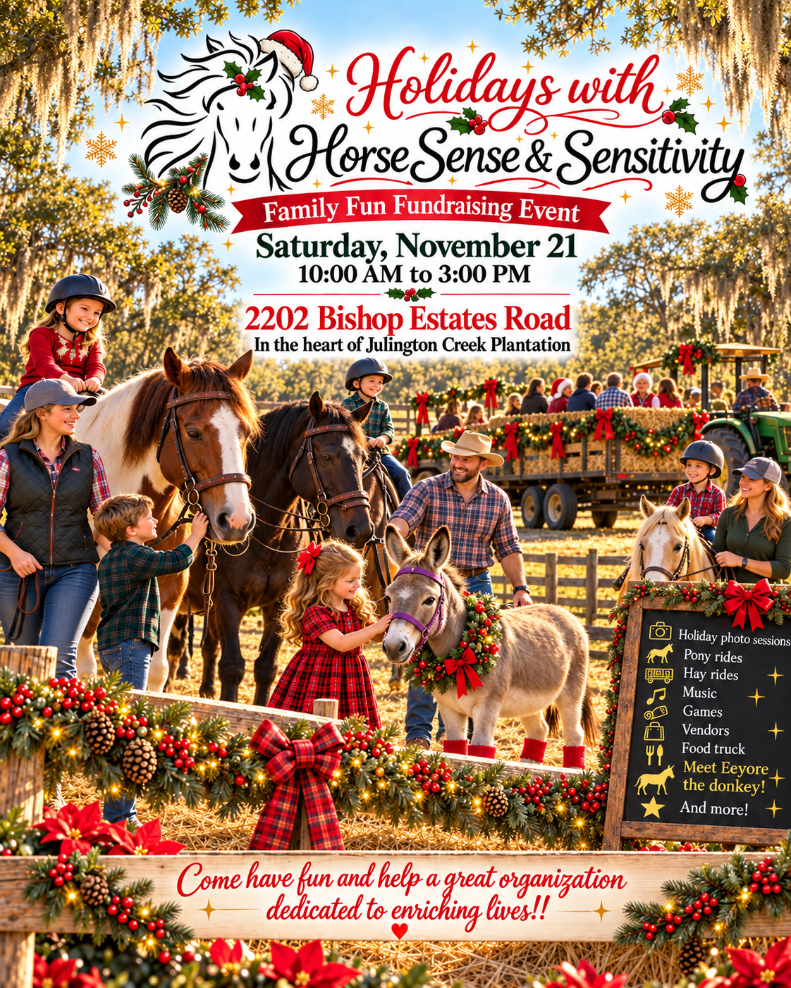 Holidays with Horse Sense & Sensitivity family fun fundraiser, Saturday November 21, 10 AM to 3 PM, 2202 Bishop Estates Road, Julington Creek Plantation